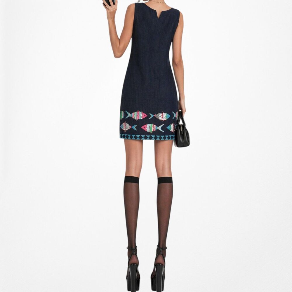 Vintage Y2K 90s Navy Blue Knee Length Tropical Print Casual Shift Dress Size M - Picture 4 of 9